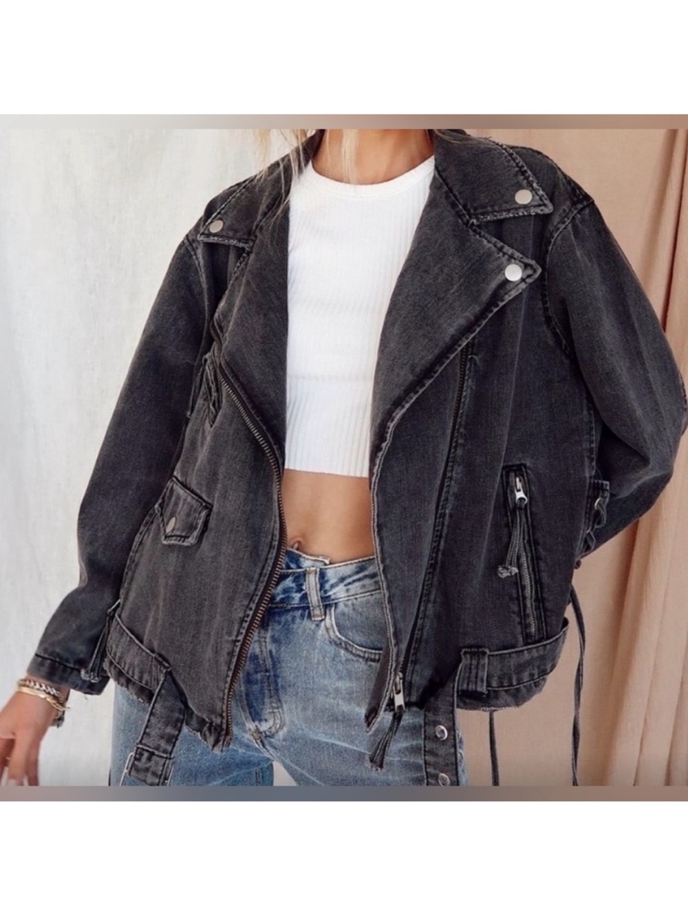 12th Tribe Black Denim Moto Jacket - Women